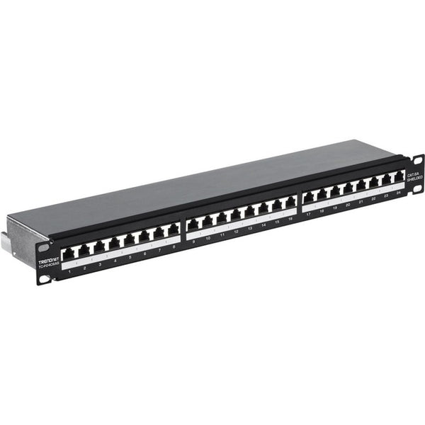 TRENDnet 24-Port Cat6A Shielded 1U Patch Panel, 19" 1U Rackmount Housing, Compatible With Cat5e, Cat6, And Cat6A Cabling, Ethernet Cable Management, Color Coded Labeling, Black, TC-P24C6AS