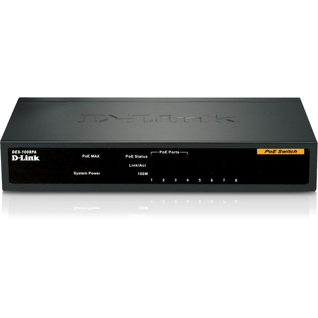 D-Link DES-1008PA 8-Port 10-100 Unmanaged Metal Desktop Switch with 4 PoE Ports