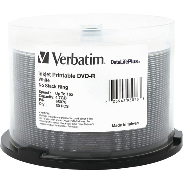 Verbatim DVD-R 4.7GB 16X DataLifePlus White Inkjet Printable - 50pk Spindle