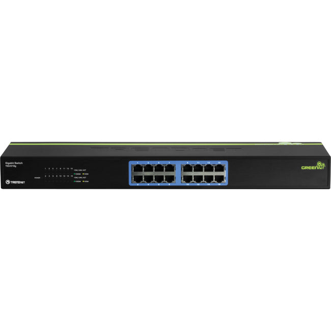 TRENDnet 16-Port Unmanaged Gigabit GREENnet Switch; TEG-S16G; 16 x RJ-45 Ports; 32 Gbps Switching Capacity; Fanless; Rack Mountable; Network Ethernet Switch; Lifetime Protection