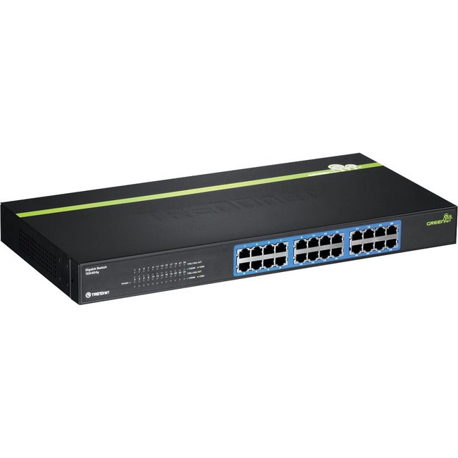 TRENDnet 24-Port Unmanaged Gigabit 10-100-1000 Mbps GREENnet Switch; TEG-S24G; 24 x Gigabit RJ-45 Ports; 48 Gbps Switching Fabric; Fanless; Metal Housing; Rack Mountable; Lifetime Protection