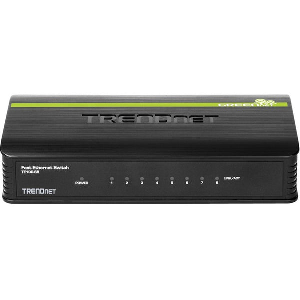 TRENDnet 8-Port Unmanaged 10-100 Mbps GREENnet Ethernet Desktop Switch; TE100-S8; 8 x 10-100 Mbps Ethernet Ports; 1.6 Gbps Switching Capacity; Plastic Housing; Network Ethernet Switch; Plug & Play