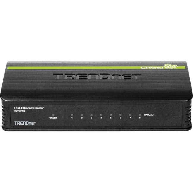 TRENDnet 8-Port Unmanaged 10-100 Mbps GREENnet Ethernet Desktop Switch; TE100-S8; 8 x 10-100 Mbps Ethernet Ports; 1.6 Gbps Switching Capacity; Plastic Housing; Network Ethernet Switch; Plug & Play