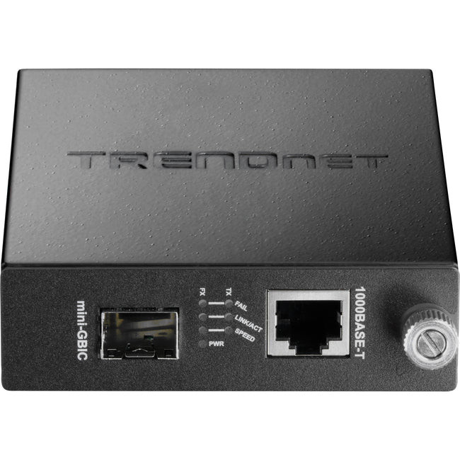 TRENDnet 100-1000Base-T To SFP Fiber Media Converter, Fiber To Ethernet Converter, 1 x 10-100-1000Base-T RJ-45 Port,1 x Mini-GBIC Slot, Lifetime Protection, Black, TFC-1000MGA