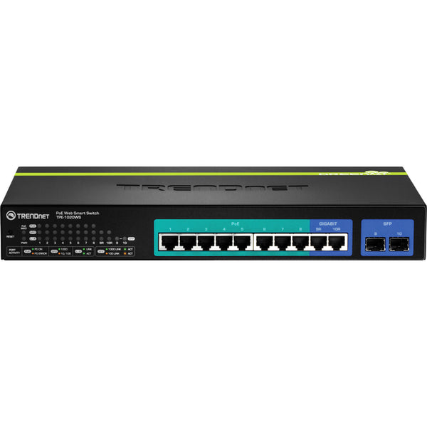 TRENDnet 10-Port Gigabit Web Smart PoE+ Switch; TPE-1020WS; 8 x PoE+ Gigabit ports; 2 x Gigabit Ethernet Ports; 2 x Shared SFP Slots; 75W Total Power Budget; Rack Mountable; Lifetime Protection