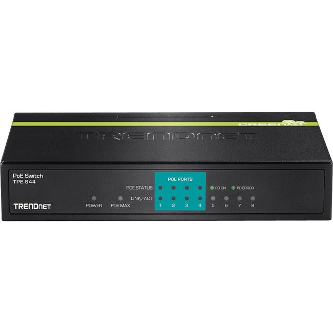 TRENDnet 8-Port 10-100Mbps PoE Switch; 4 x 10-100; 4 x 10-100 PoE; 802.3af; 30 W PoE Budget; Lifetime Protection; TPE-S44