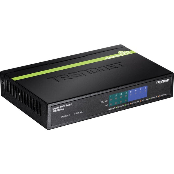 TRENDnet 8-Port Gigabit GREENnet PoE+ Switch, 4 x Gigabit PoE-PoE+ Ports, 4 x Gigabit Ports, 61W Power Budget, 16 Gbps Switch Capacity, Ethernet Unmanaged Switch, Lifetime Protection, Black, TPE-TG44G