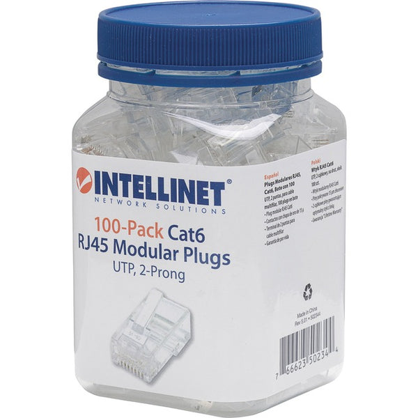 Intellinet Network Solutions Cat6 RJ45 Modular Plugs, 2-Prong, UTP, For Stranded Wire, 100 Plugs in Jar - American Tech Depot