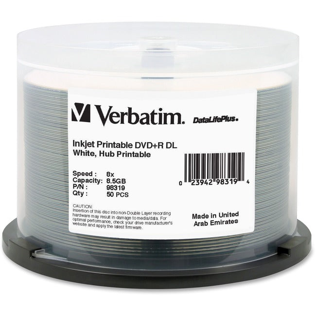 Verbatim DVD+R DL 8.5GB 8X DataLifePlus White InkJet Printable, Hub Printable - 50pk Spindle