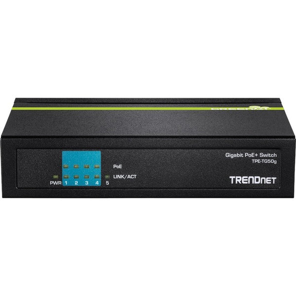 TRENDnet 5-Port Gigabit PoE+ Switch, 31 W PoE Budget, 10 Gbps Switching Capacity, Data & Power Through Ethernet To PoE Access Points And IP Cameras, Full & Half Duplex, Black, TPE-TG50g