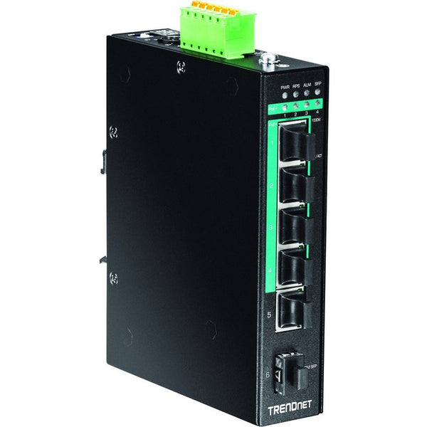 TRENDnet 5-Port Hardened Industrial Gigabit PoE+ DIN-Rail Switch, 120W Power Budget, 1 x SFP Slot, IP30 Rated, Unmanaged Switch, Gigabit PoE+ Network Switch, Lifetime Protection, Black, TI-PG541