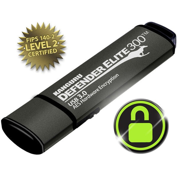 Kanguru Defender Elite300™ FIPS 140-2 Certified, AES XTS 256-Bit Hardware Encrypted USB 3 Secure Flash Drive with Physical Write Protect Switch, 64G