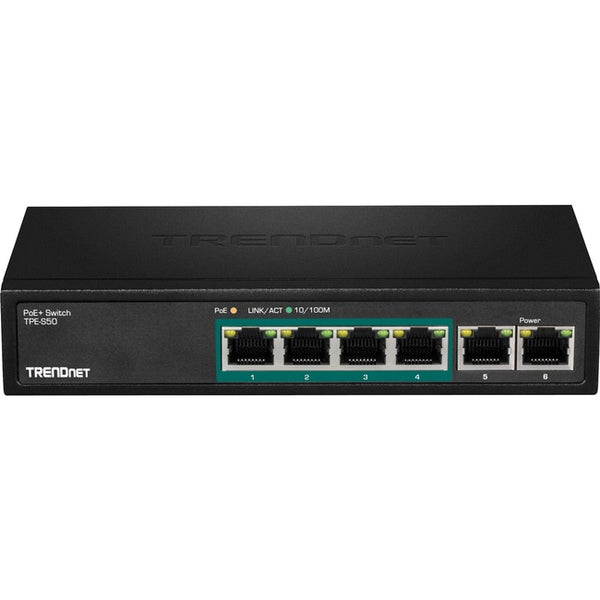 TRENDnet 6-Port Fast Ethernet PoE+ Switch, 4 x Fast Ethernet PoE Ports, 2 x Fast Ethernet Ports, 60W PoE Budget, 1.2 Gbps Switch Capacity, Metal, Lifetime Protection, Black, TPE-S50
