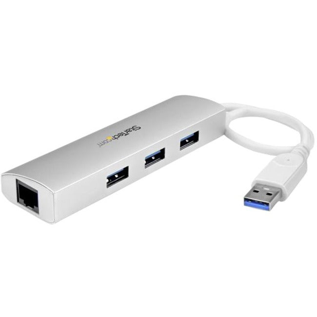 StarTech.com 3 Port Portable USB 3.0 Hub plus Gigabit Ethernet - Built-In Cable - Aluminum USB Hub with GbE Adapter - American Tech Depot