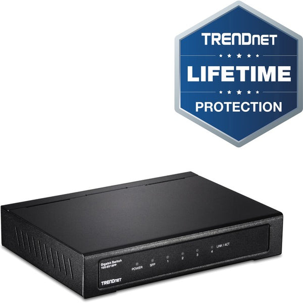 TRENDnet 4-Port Gigabit Switch With SFP Slot, 10 Gbps Switching Capacity, Fanless, 802.1p QoS, Rear Facing Ports, Metal Housing, Network Ethernet Switch, Lifetime Protection, Black, TEG-S51SFP
