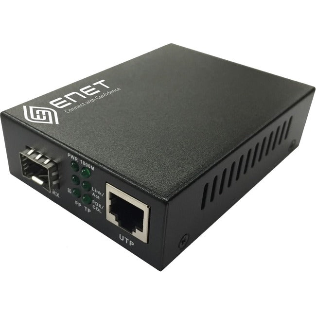 ENET 1x 10-100-1000M Copper RJ45 to 1x 1000Base-X SFP Gigabit Ethernet Fiber Media Converter Stand-Alone - Power Supply Included, Chassis-Rack Mountable with one SFP slot (without SFP). The ENMC-FGET-SFP is capable of accepting a wide range of SFP modul