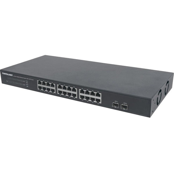 Intellinet 24-Port Gigabit Ethernet Switch with 2 SFP Ports, 24 x 10-100-1000 Mbps RJ45 Ports + 2 x SFP, IEEE 802.3az (Energy Efficient Ethernet), 19" Rackmount, Metal (With C14 2 Pin Euro Power Cord)