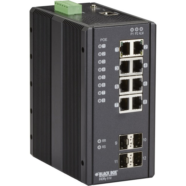 Black Box Industrial Managed Gigabit Ethernet PoE+ Switch - (8) RJ-45, (4) SFP