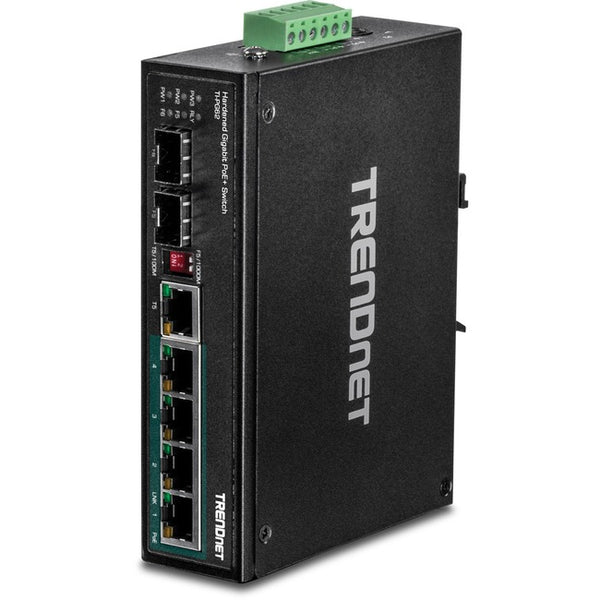 TRENDnet 6-Port Hardened Industrial Gigabit PoE+ DIN-Rail Switch, 4 x Gigabit PoE+ Ports, Shared Gigabit Port (RJ-45-SFP), Dedicated SFP, 120W Power Budget, IP30, Lifetime Protection, Black, TI-PG62