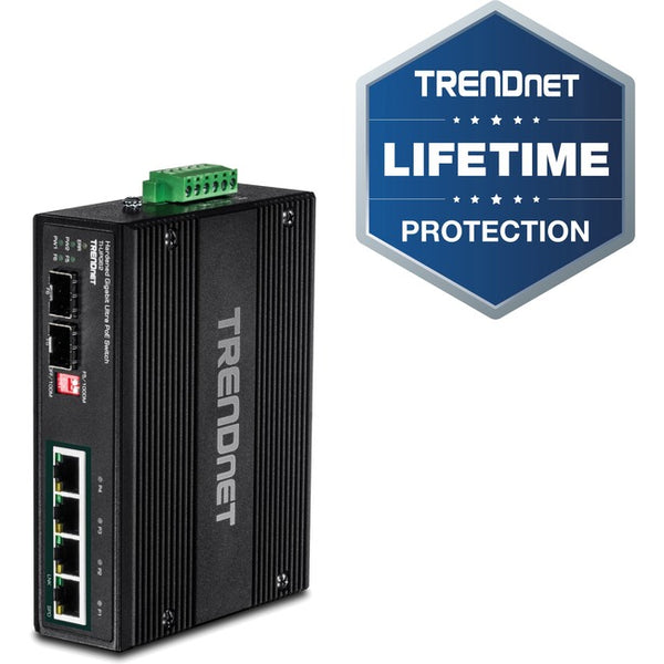 TRENDnet 6-Port Hardened Industrial Gigabit 10/100/1000 Mbps Ultra PoE DIN-Rail Switch; UPoE; IP30; DIN-Rail & Wall Mounts Included; Lifetime Protection; TI-UPG62