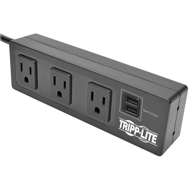 Tripp Lite 3-Outlet Surge Protector Power Strip w- 2-Port USB Charging Black - American Tech Depot