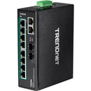 TRENDnet 10-Port Industrial Gigabit PoE+ DIN-Rail Switch, 8 x Gigabit PoE+ Ports, DIN-Rail Mount, 2 x SFP Slots, 240W PoE Power Budget, Network Switch, IP30, QoS, Lifetime Protection, Black, TI-PG102