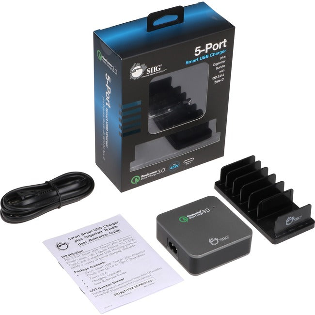 SIIG 5-Port Smart USB Charger plus Organizer Bundle with QC3.0 & Type-C - Black - American Tech Depot