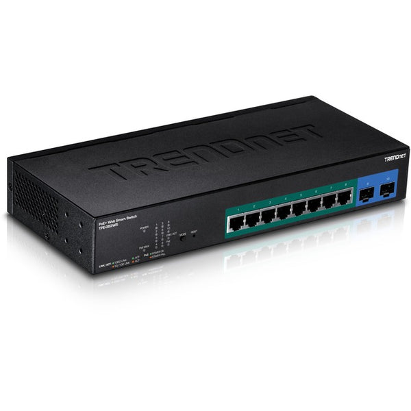 TRENDnet 10-Port Gigabit Web Smart PoE+ Switch, 8 x Gigabit PoE+ Ports, 2 x SFP Slots, Vlan, QoS, IPv6 Support, 20Gbps Switching Capacity, 75W PoE Power Budget, Lifetime Protection, Black, TPE-082WS