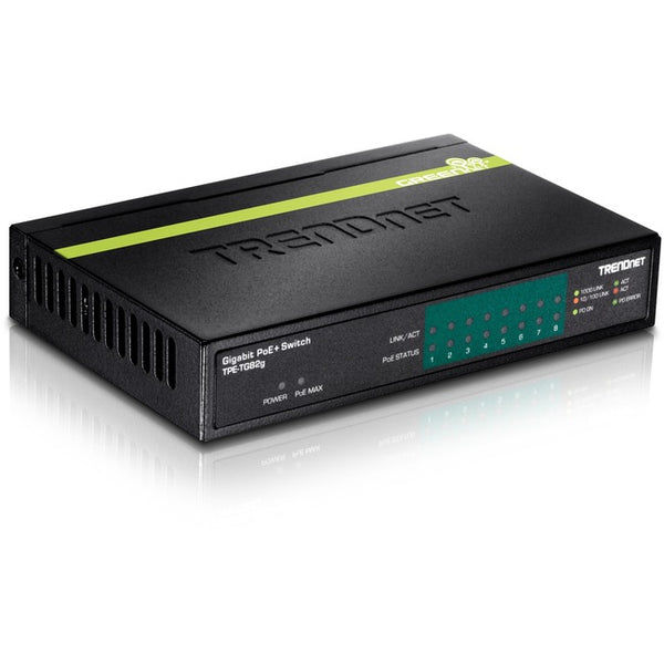 TRENDnet 8-Port GREENnet Gigabit PoE+ Switch, Supports PoE And PoE+ Devices, 61W PoE Budget, 16Gbps Switching Capacity, Data & Power Via Ethernet To PoE Access Points & IP Cameras, Black, TPE-TG82G