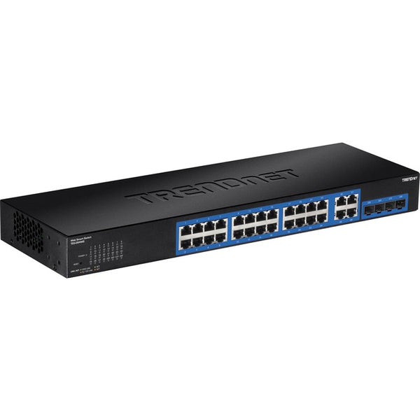 TRENDnet 28-Port Gigabit Web Smart Switch; 24 x Gigabit Ports; 4 x Shared Gigabit Ports (RJ-45-SFP); VLAN; QoS; LACP; IPv6; 56Gbps Switching Capacity; Lifetime Protection; TEG-284WS