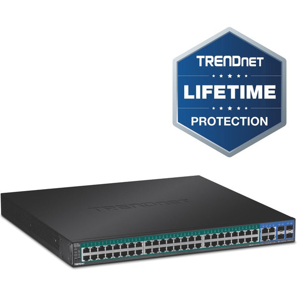 TRENDnet 52-Port Gigabit Web Smart PoE+ Switch, 48 Gigabit PoE+ Ports, 4 Shared Gigabit Ports (RJ-45 Or SFP), 370W PoE Power Budget, 104Gbps Switching Capacity, Lifetime Protection, Black, TPE-5240WS
