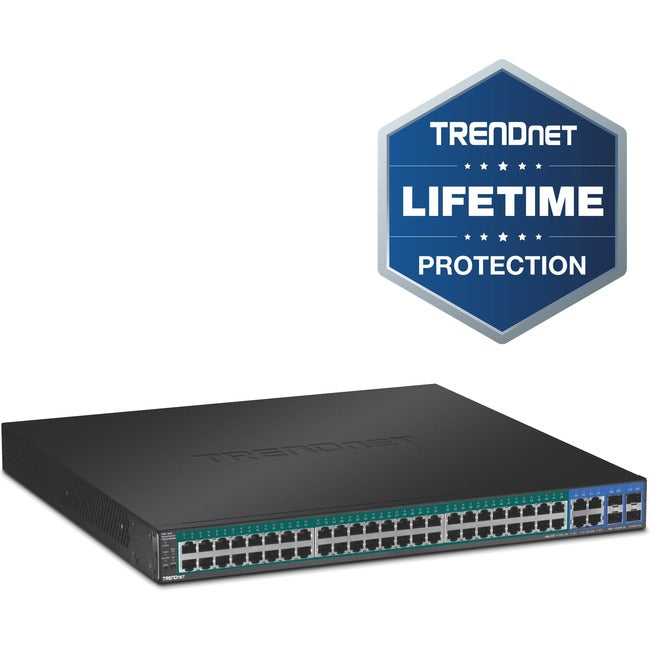TRENDnet 52-Port Gigabit Web Smart PoE+ Switch, 48 Gigabit PoE+ Ports, 4 Shared Gigabit Ports (RJ-45 Or SFP), 370W PoE Power Budget, 104Gbps Switching Capacity, Lifetime Protection, Black, TPE-5240WS