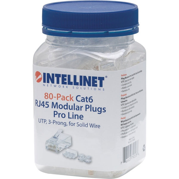 Intellinet Network Solutions Cat6 RJ45 Modular Plugs, 3-Prong, UTP, For Solid Wire, 80 Plugs, Liners and Sleds in Jar - American Tech Depot