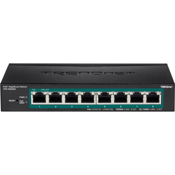 TRENDnet 8-Port Gigabit EdgeSmart PoE+ Switch, 8 x Gigabit PoE+ Ports, 64W PoE Power Budget, Managed PoE+ Switch, Wall Mountable, Desktop Ethernet Switch, Lifetime Protection, Black, TPE-TG82ES