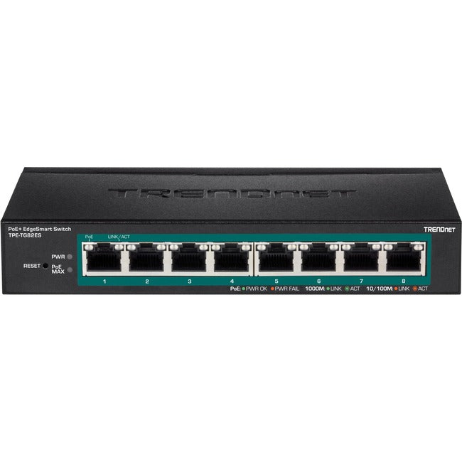 TRENDnet 8-Port Gigabit EdgeSmart PoE+ Switch, 8 x Gigabit PoE+ Ports, 64W PoE Power Budget, Managed PoE+ Switch, Wall Mountable, Desktop Ethernet Switch, Lifetime Protection, Black, TPE-TG82ES