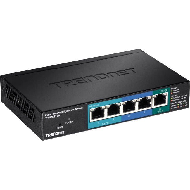 TRENDnet 5-Port Gigabit PoE+ Powered EdgeSmart Switch With PoE Pass Through, 18W PoE Budget, 10Gbps Switching Capacity, Managed Switch, Wall-Mountable, Lifetime Protection, Black, TPE-P521ES