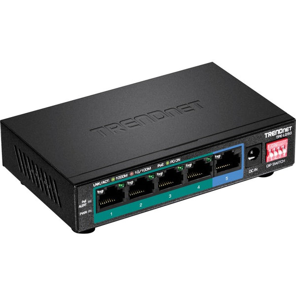 TRENDnet 5-Port Gigabit Long Range PoE+ Switch, 4 x Gigabit PoE+ Ports, 1 x Gigabit Port, 32W PoE Budget, 10Gbps Switching Capacity, Extends PoE+ 200m (656 ft), Lifetime Protection, Black, TPE-LG50