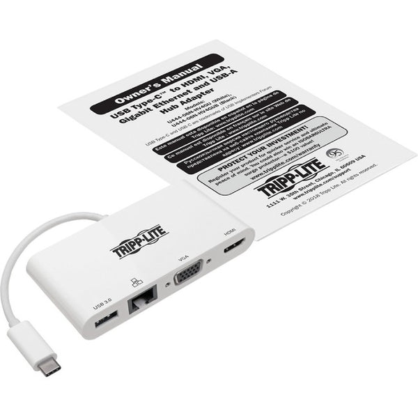 Tripp Lite USB C Docking Station Adapter 4K w- HDMI, VGA, Gigabit Ethernet, USB-A Hub White, Thunderbolt 3 Compatible - American Tech Depot