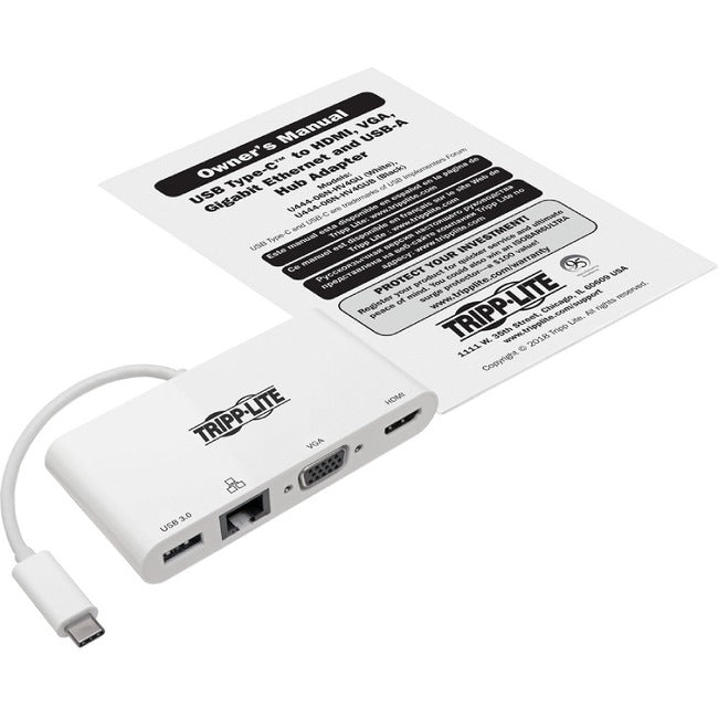 Tripp Lite USB C Docking Station Adapter 4K w- HDMI, VGA, Gigabit Ethernet, USB-A Hub White, Thunderbolt 3 Compatible - American Tech Depot