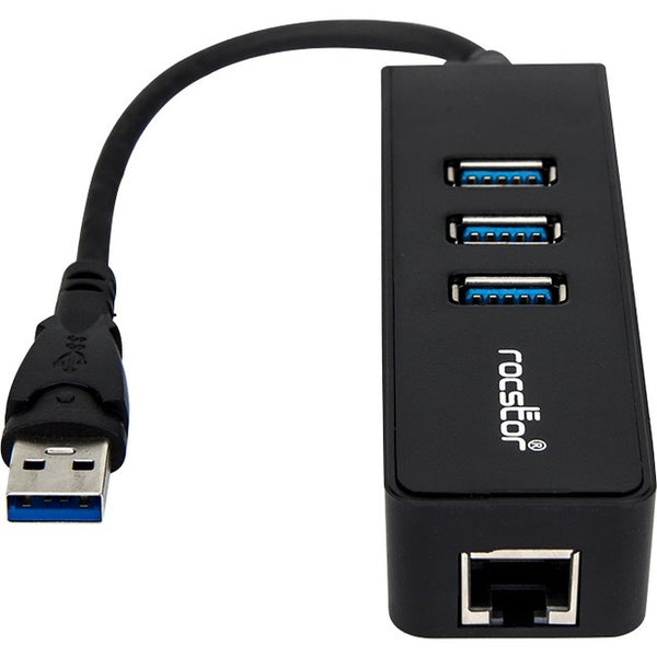 Rocstor Premium 3 Port Portable USB 3.0 Hub with Gigabit Ethernet 10-100-1000- External Portable 3 Port USB Hub with GbE Adapter - Built-In Cable - USB - 3 USB Port(s) - 1 Network (RJ-45) Port(s) - Black - PC, Mac USB 3 HUB & NETWORK ADAPTER