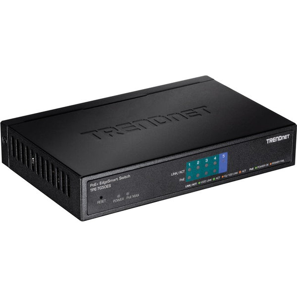 TRENDnet 5-Port Gigabit EdgeSmart PoE+ Switch, 4 x Gigabit PoE+ Ports, 1x Gigabit Port, 31W PoE Power Budget, Managed PoE+ Switch, Wall mountable, Lifetime Protection, Black, TPE-TG50ES