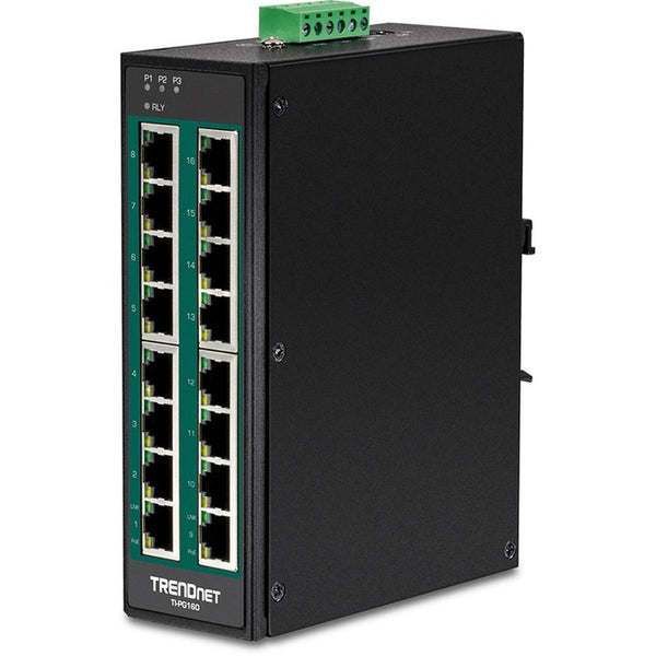 TRENDnet 16-Port Hardened Industrial Unmanaged Gigabit 10-100-1000Mbps DIN-Rail Switch w- 16 Gigabit PoE+ Ports; Lifetime Protection; TI-PG160