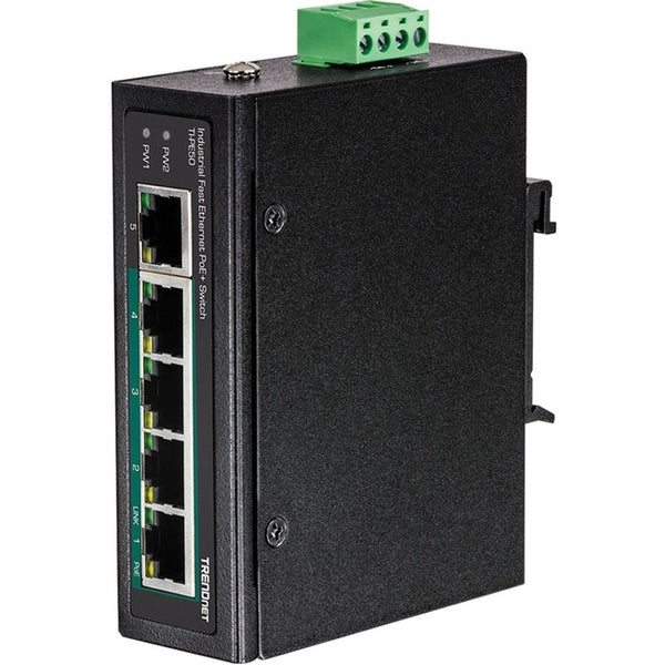 TRENDnet 5-Port Industrial Fast Ethernet DIN-Rail Switch, 4 x Fast Ethernet PoE+ Ports, 1 x Fast Ethernet Port, 90W PoE Power Budget, DIN-Rail, IP30 Rated, Lifetime Protection, Black, TI-PE50
