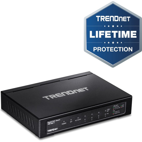 TRENDnet 6-port Gigabit Poe+ Switch; TPE-TG611; 4 X Gigabit Poe+ Ports; 1 X Gigabit Port; 1 X SFP Slot; Supports 100-1000Base-FX Fiber SFP Modules; Ethernet Desktop Network Switch; Lifetime Protection