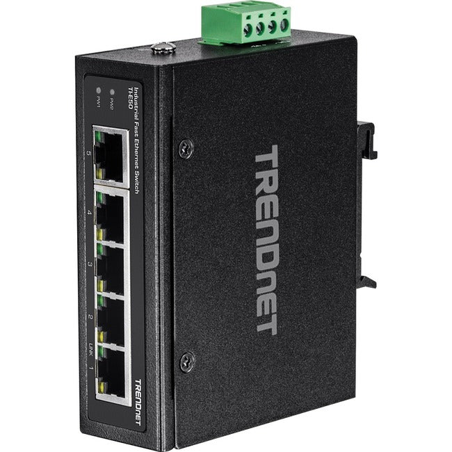 TRENDnet 5-Port Industrial Unmanaged Fast Ethernet DIN-Rail Switch, 5 x Fast Ethernet Ports, IP30, Operating Temperature Range of -40? ? 75?C (-40? ? 167?F), Lifetime Protection, Black, TI-E50