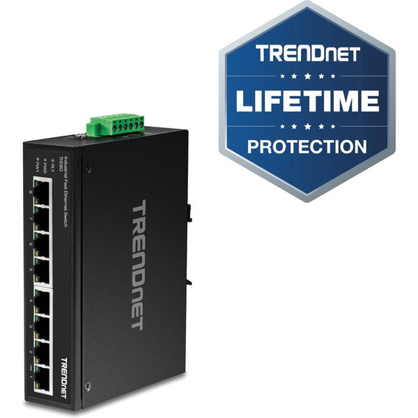 TRENDnet 8-Port Industrial Unmanaged Fast Ethernet DIN-Rail Switch; TI-E80 8 x Fast Ethernet Ports; 1.6Gbps Switching Capacity;8 Port Network Fast Ethernet Switch;IP30 Metal Switch;Lifetime Protection