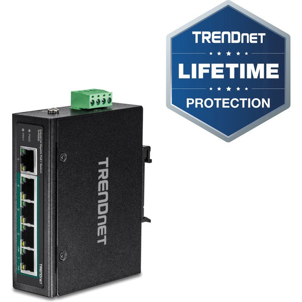 TRENDnet 5-Port Hardened Industrial Unmanaged Gigabit Switch; TI-PG50; 10-100-1000Mbps; DIN-Rail Switch; 4 x Gigabit PoE+ Ports; 1 x Gigabit Port; Gigabit Ethernet Network Switch; Lifetime Protection