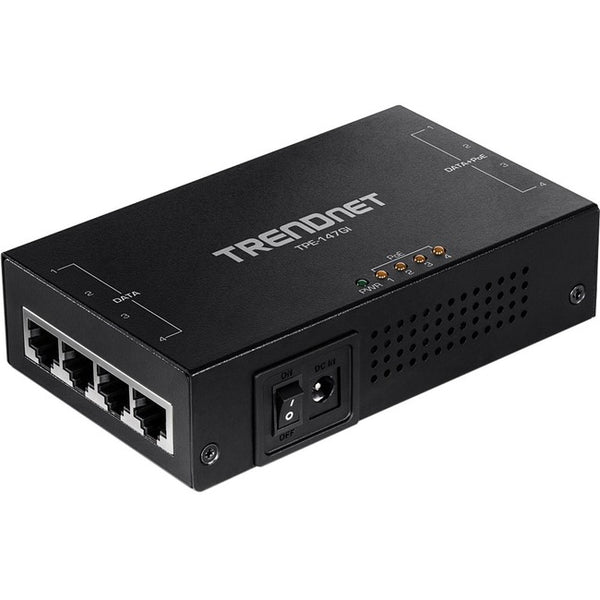 TRENDnet 65W 4-Port Gigabit PoE+ Injector, TPE-147GI, 4 x Gigabit Ports(Data in), 4 x gigabit PoE Ports(Data + PoE Out), Multi-Port PoE+ Injector up to 100m(328 ft.), Add PoE+ Power to Non-PoE Switch