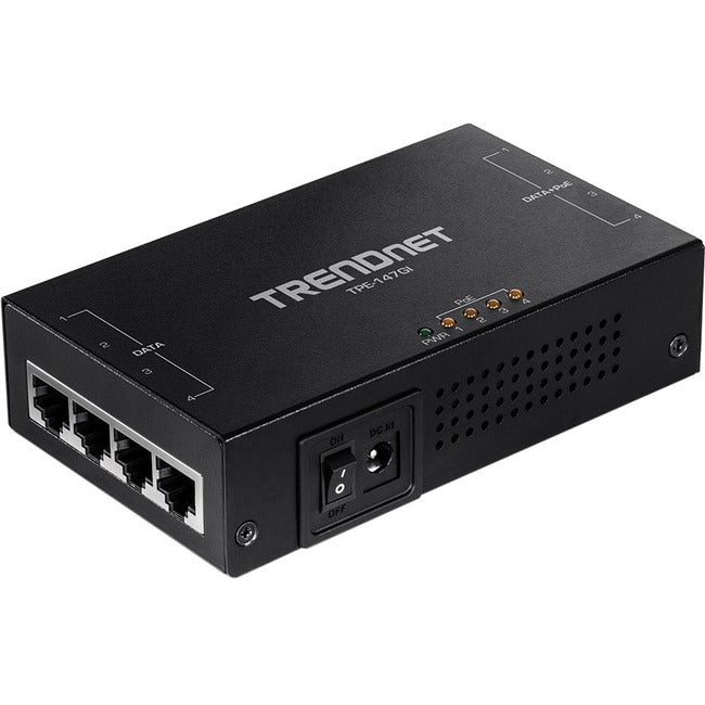 TRENDnet 65W 4-Port Gigabit PoE+ Injector, TPE-147GI, 4 x Gigabit Ports(Data in), 4 x gigabit PoE Ports(Data + PoE Out), Multi-Port PoE+ Injector up to 100m(328 ft.), Add PoE+ Power to Non-PoE Switch