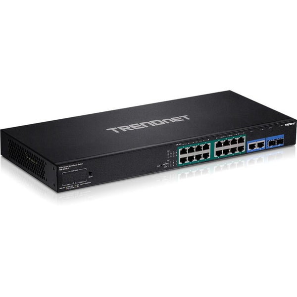 Roll over image to zoom in TRENDnet 18-Port Gigabit PoE+ Smart Surveillance Switch with 16 x Gigabit PoE+ Ports; TPE-3018LS; 2 x Shared Gigabit Ports (RJ-45 or SFP); 220W PoE Budget; Long Range PoE+; VLAN; QoS; LACP; ONVIF